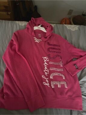 Justice Hot Pink Hooded Waffle-Knit Sweater with Sequin Script